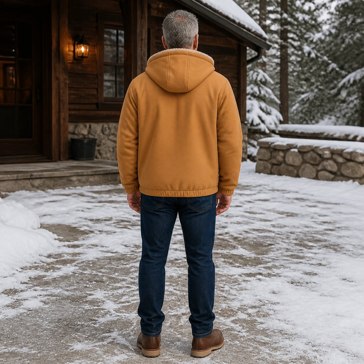 winter coat — Camel fleece lined hooded winter jacket direct rear view — view 6