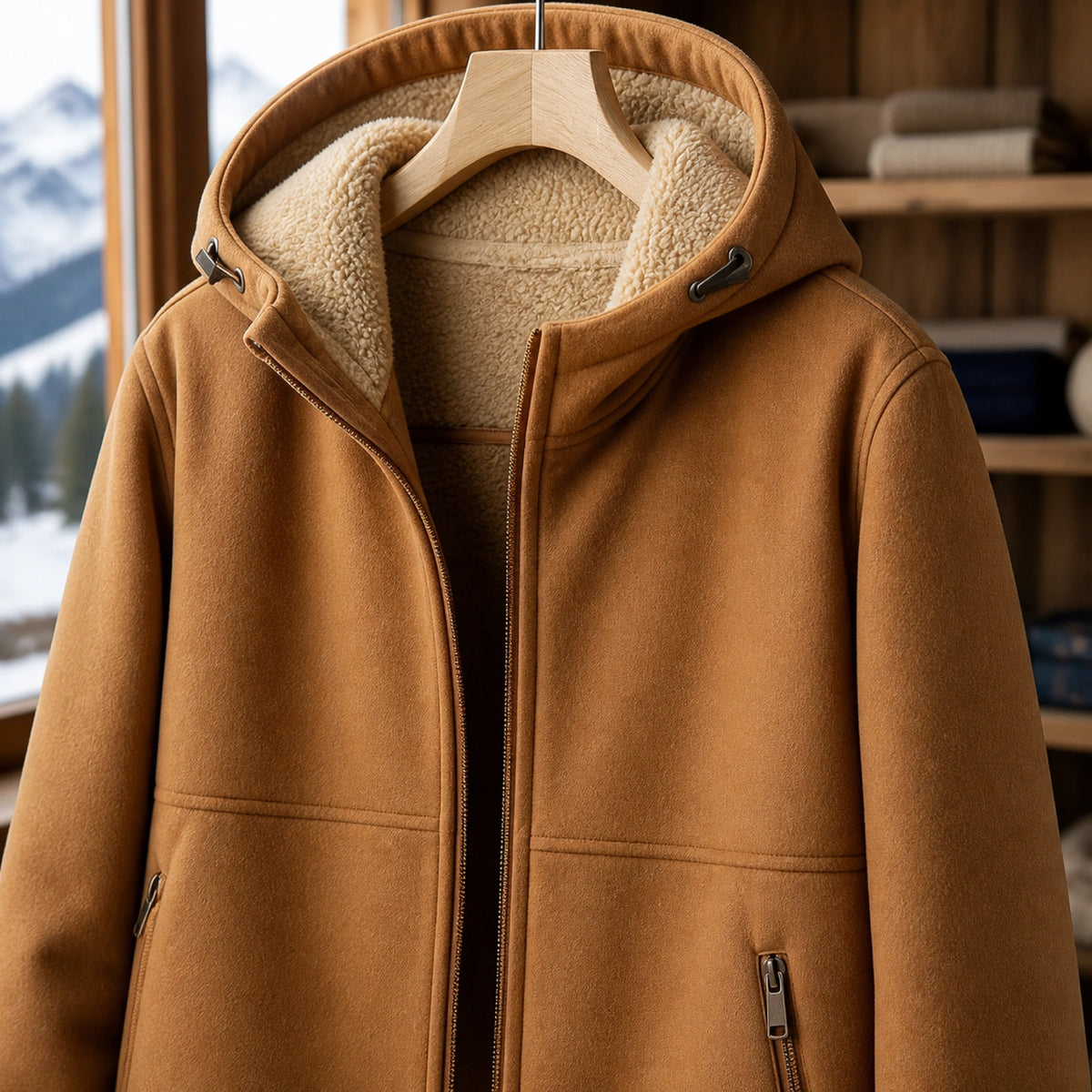 winter coat — Camel winter jacket sherpa hood zipper panel seam and pocket detail — view 7