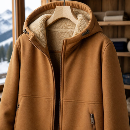 winter coat — Camel winter jacket sherpa hood zipper panel seam and pocket detail — view 7