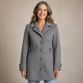 winter coat — Mature woman wearing heather gray tailored single breasted mid length coat front view