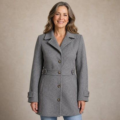 winter coat — Mature woman wearing heather gray tailored single breasted mid length coat front view