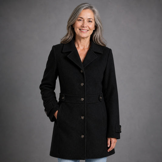 winter coat — Mature woman wearing black tailored single breasted mid length coat front view — view 2