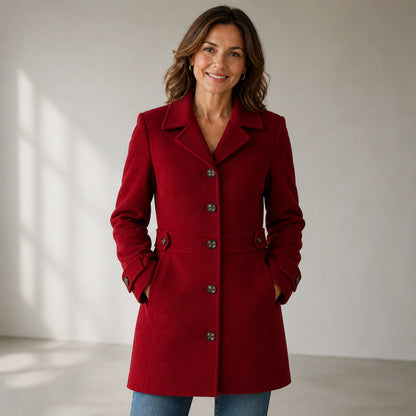 winter coat — Mature woman wearing deep red tailored single breasted mid length coat front view — view 3