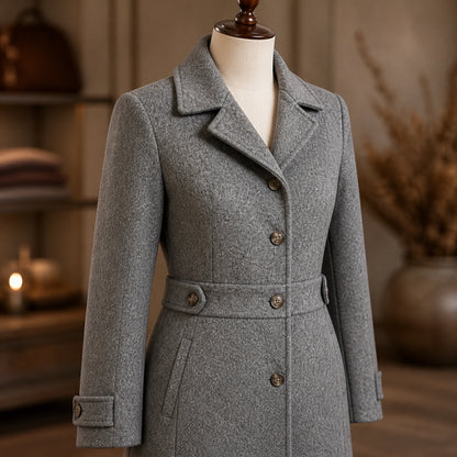 winter coat — Heather gray coat collar buttons seams waist tabs pocket and cuff detail — view 6
