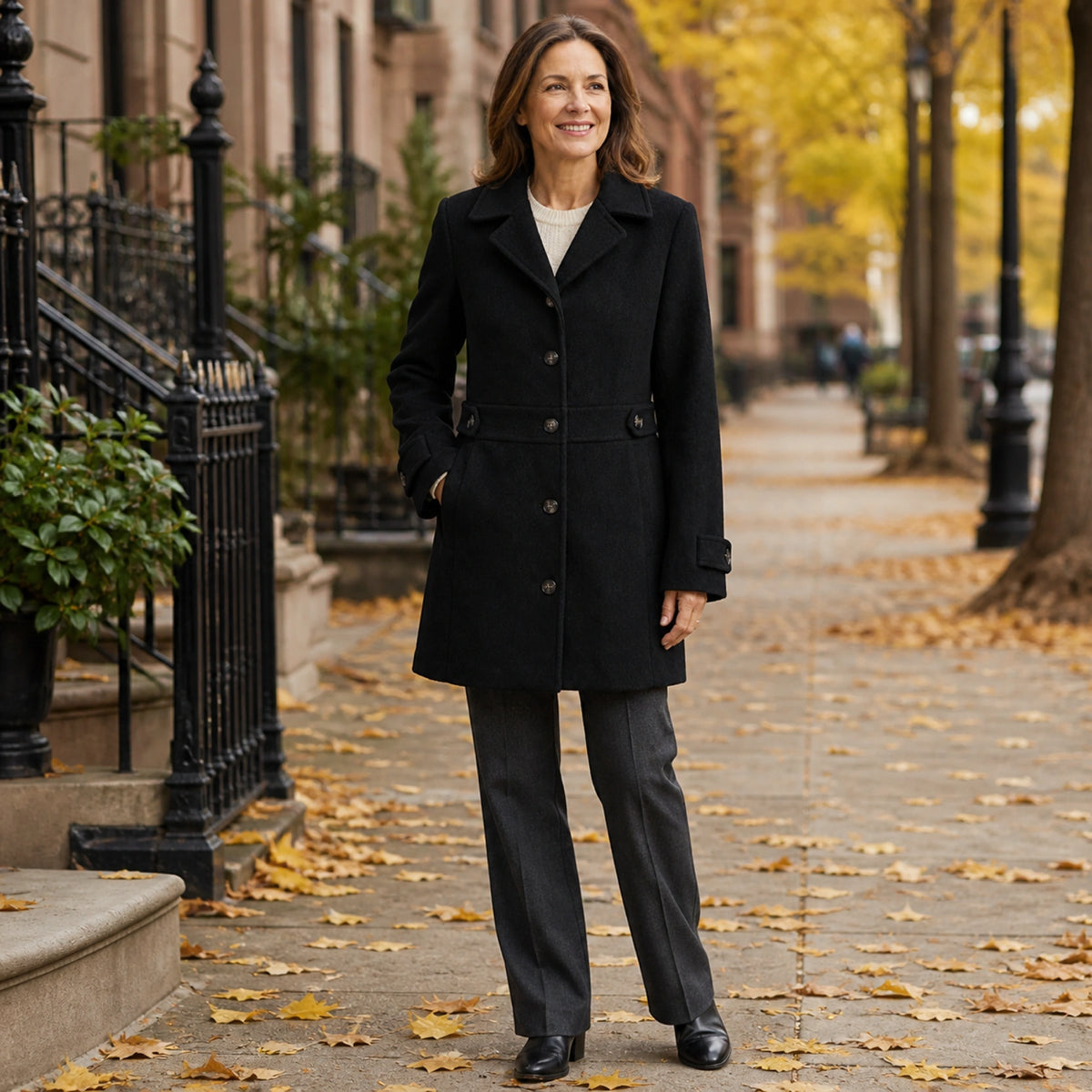 winter coat — Mature woman wearing black tailored coat on an autumn city street — view 7