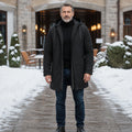 winter coat — Black quilted lining hooded winter parka complete front view