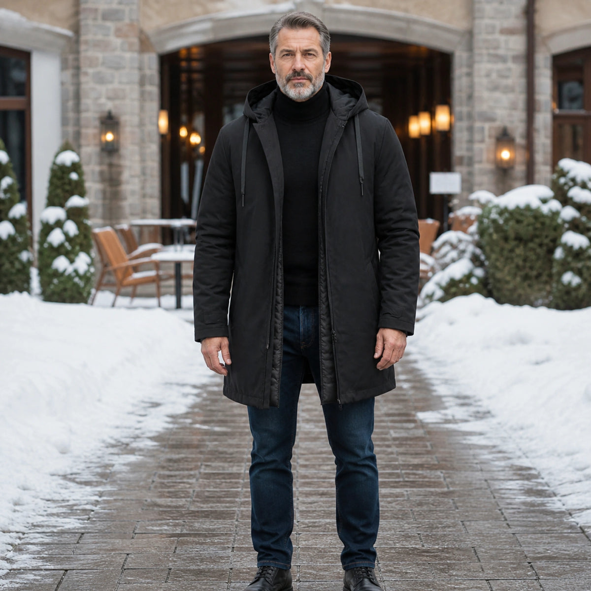 winter coat — Black quilted lining hooded winter parka complete front view