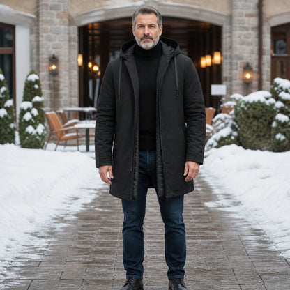 winter coat — Black quilted lining hooded winter parka complete front view