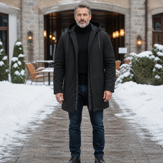 winter coat — Black quilted lining hooded winter parka complete front view