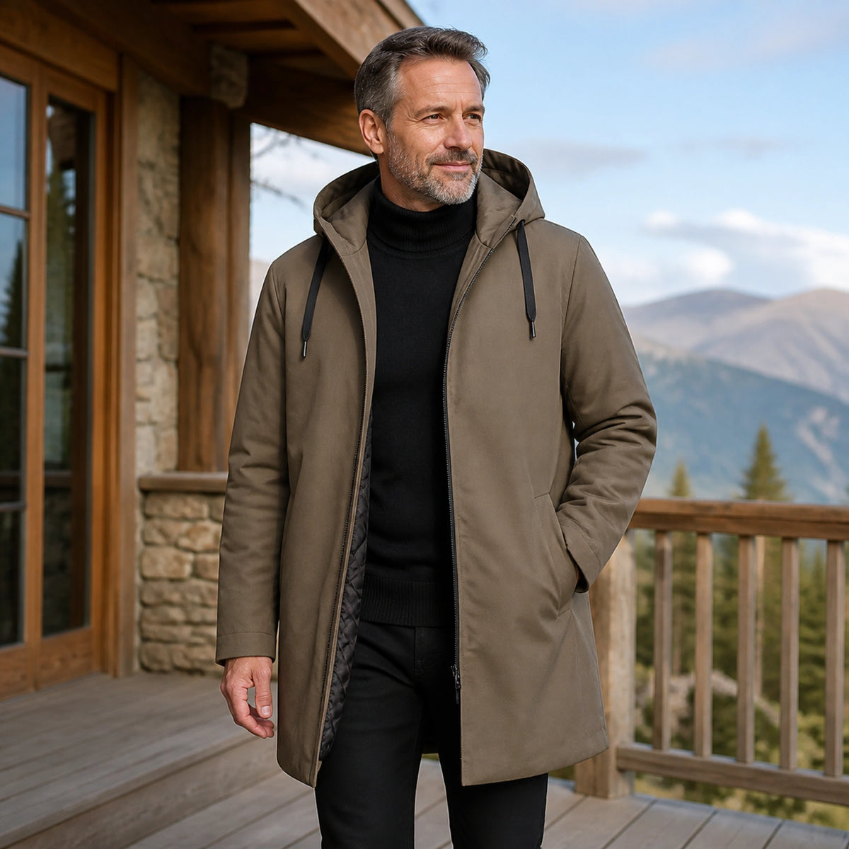 winter coat — Taupe brown quilted lining hooded winter parka complete front view — view 2