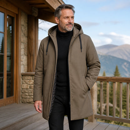 winter coat — Taupe brown quilted lining hooded winter parka complete front view — view 2