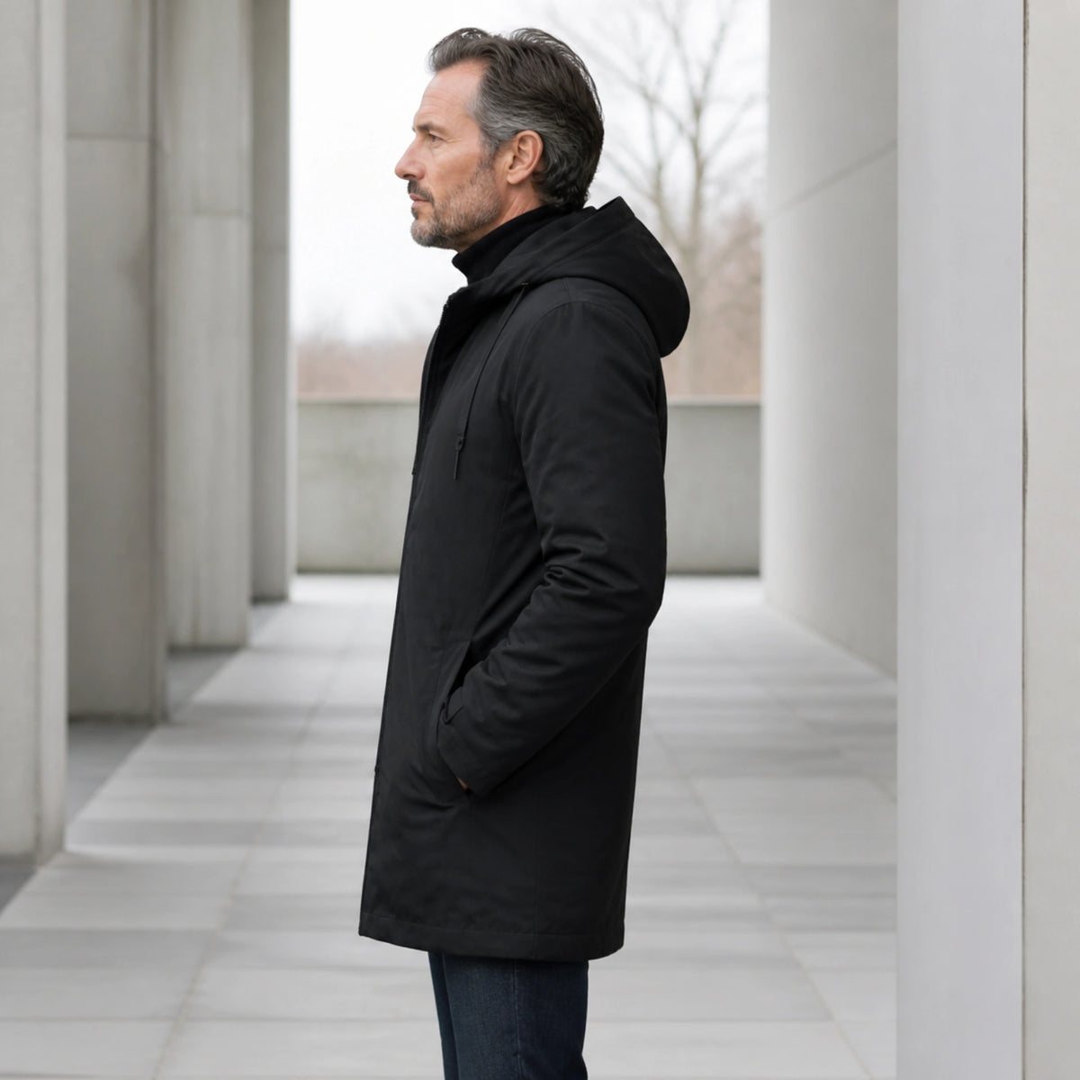 winter coat — Black insulated hooded parka true side view — view 3