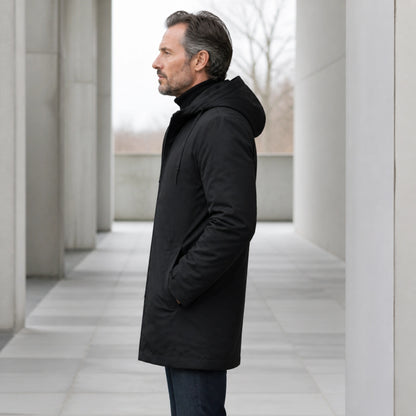 winter coat — Black insulated hooded parka true side view — view 3