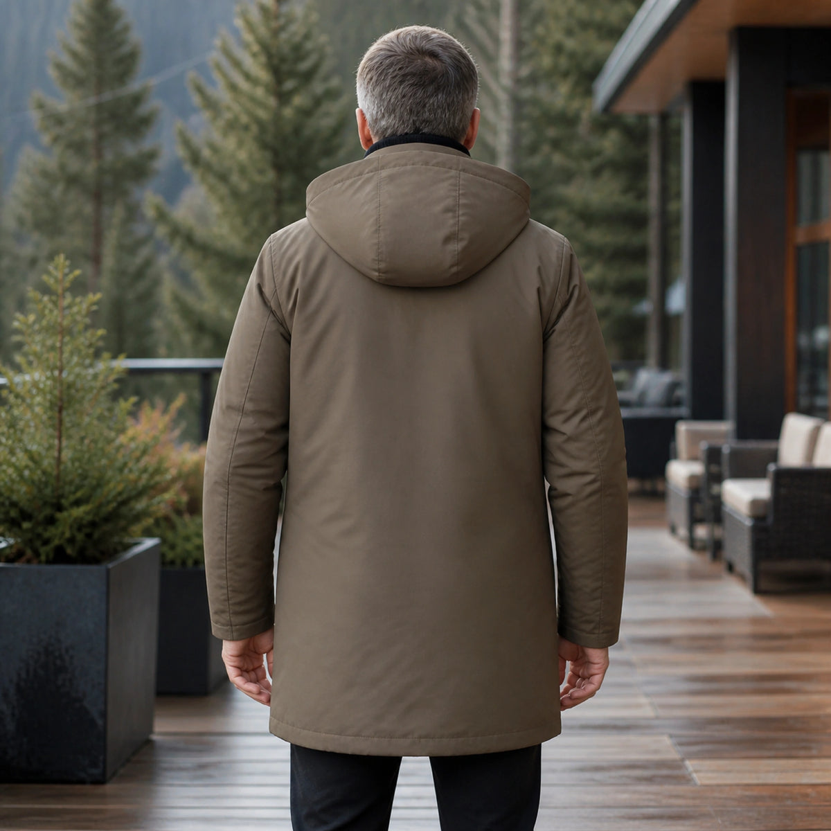 winter coat — Taupe brown hooded winter parka direct rear view — view 4