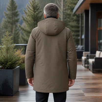 winter coat — Taupe brown hooded winter parka direct rear view — view 4