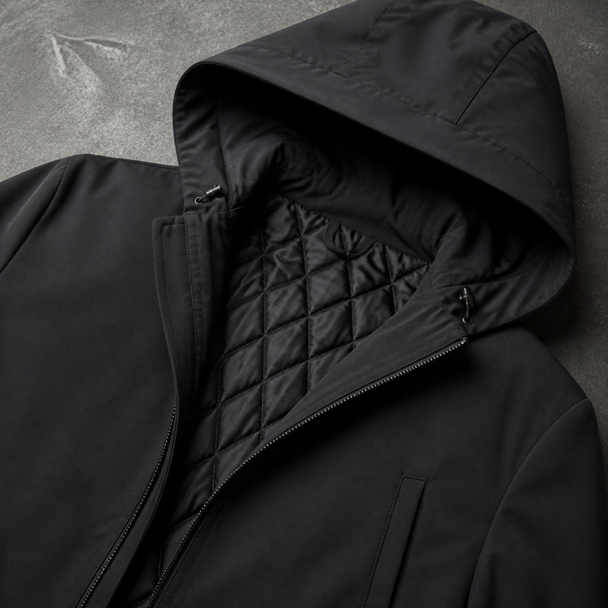 winter coat — Black parka hood quilted lining zipper and welt pocket detail — view 5