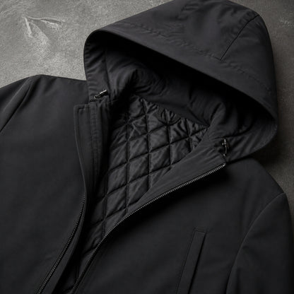 winter coat — Black parka hood quilted lining zipper and welt pocket detail — view 5